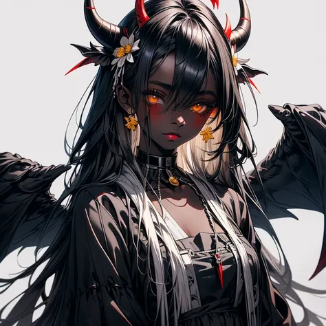 Extremely Dark Skin Teenage Girl , Long Needle  Hair , Silver Hair, Black, Red, and White tricolor gothic dress,Golden Eyes, Traces of Blood and Tears , Black Cows Horn , skeletonized Wings , Flower Field of Yellow Marigolds ,Dark Blue Lips,