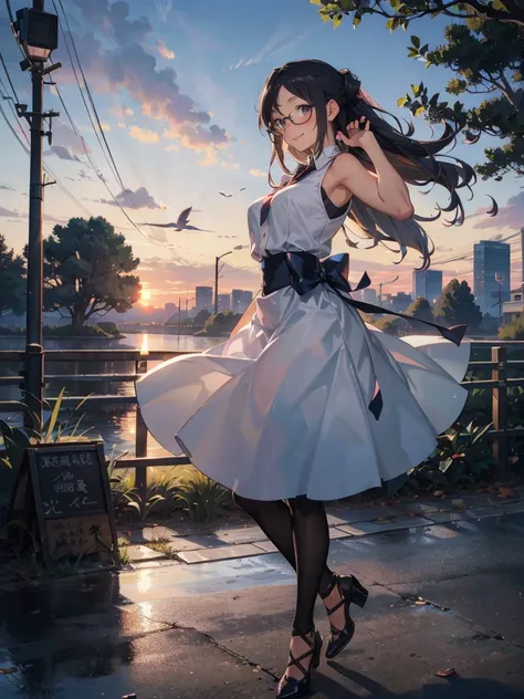 anime - style illustration of a woman in a high school outfit, white shirt:1.5, anime character, official character art, feminine, full body, female anime girl, Posing:1.5, parted bangs, glasses, (tanned:1.0), hopping step:1.5, looking at viewer, smile:1.5...