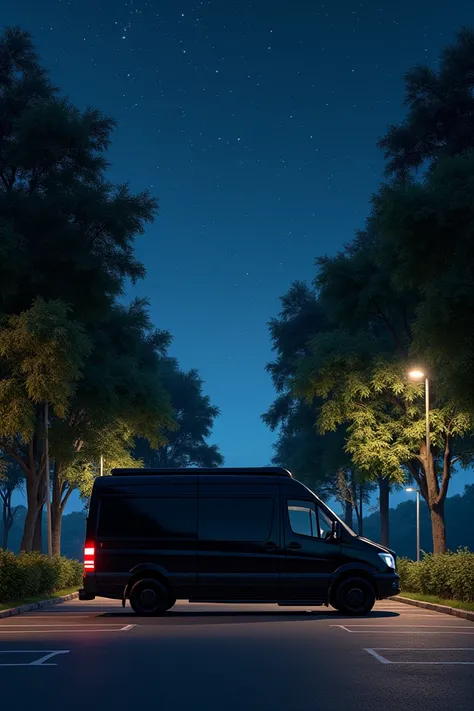 Double black cab van in a parking lot with trees in front of starry night