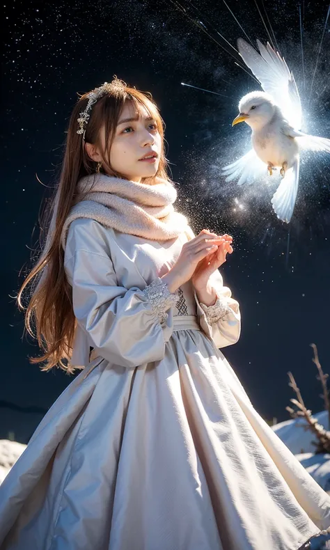 (    When she casts a spell , A legendary ice bird appears around the sky、 Magic Rim 、staring at something、diamond dust flutters、クリーム色のhair、   Heavy snowfall area      、   Snow is falling   、    blue eyes、    blue eyes、white winter clothes    、  gazing up ...