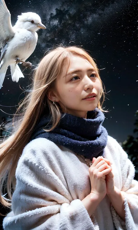 (    When she casts a spell , A legendary ice bird appears around the sky、 Magic Rim 、staring at something、diamond dust flutters、クリーム色のhair、   Heavy snowfall area      、   Snow is falling   、    blue eyes、    blue eyes、white winter clothes    、  gazing up ...