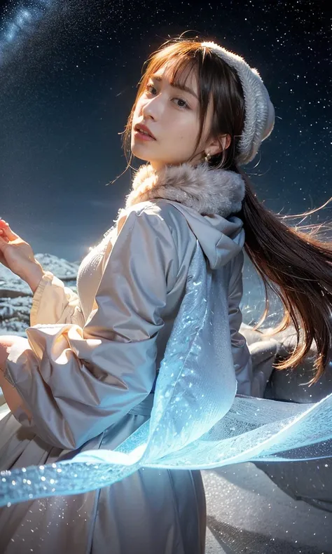 (    When she casts a spell , A legendary ice bird appears around the sky、 Magic Rim 、staring at something、diamond dust flutters、クリーム色のhair、   Heavy snowfall area      、   Snow is falling   、    blue eyes、    blue eyes、white winter clothes    、  gazing up ...