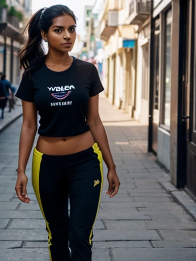 Tamil girl ,   black sports pants ,  blue t-shirt ,  sports shoes , collect,  intricate facial details,  looks at the spectator, symmetry of the eyes, facial symmetry,  Top view ,  walking down a city street , luz, beautiful figure, hourglass figure, Belle...