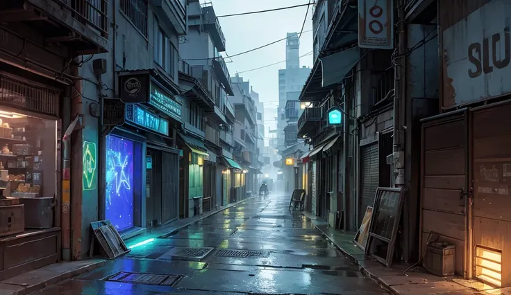 A, callejón estrecho en Aa ciudad futurista, enmarcado por rascacielos imponentes adornados con anAcios holográficos;  the alley is dimly lit ,  with rusty pipes and cracked pavement ,  that contrasts with the high-tech surroundings  ( inspired by old cybe...