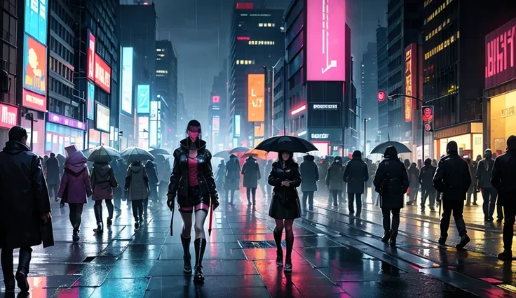 People walking on city streets in the rain holding umbrellas,  Occupied Cyberpunk Metropolis ,  Dystopian digital concept art ,  Cyberpunk Sci-Fi City Street, Cyberpunk Street, Hyperrealistic cyberpunk city, ,  cyberpunk city street , Cyberpunk City Rainy,...