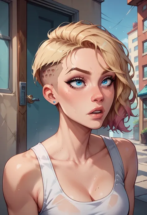 score_9, score_8_up, score_7_up, score_6_up, score_5_up, score_4_up, BREAK 1 girl, gwen stacy, light blue eyes, shaved head, blonde hair, hair