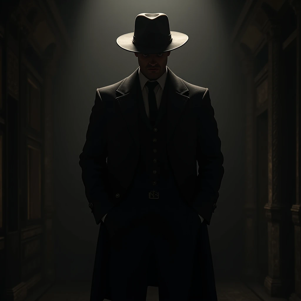 Man in black western-style suit with hat,  dark background.