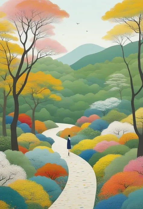 Ryo Takemasa&#39;s style,   Minimalism ，spring， Colourful woods and meandering paths，Back view of happy  