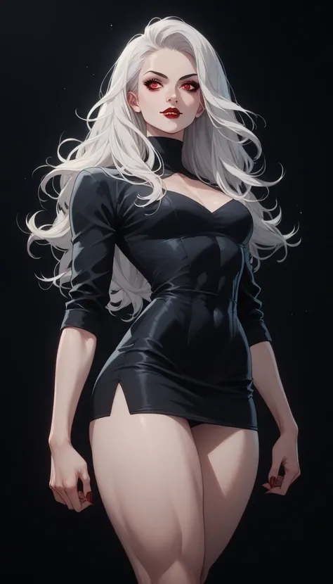   Excellence HD 8K Classical Art Comics ,Handsome Vampire , horror classic  ,   Wear a short black dress   , shows thick thighs ,    standing on the sinister road  ,  Red eyes, long white hair,legs, Precise Anatomy 