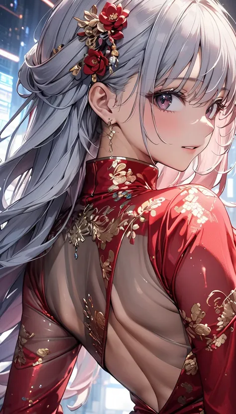   back arched、Big Breasts、 nasty transparent pale blue micro panties、 （ emphasizes big buttocks :1.4）、 （   Dynamic Composition 　Seen directly from below  :1.6）、 Grey Hair 、((  Masterpiece ,    top quality,     最 high image quality,  cyberpunk .  high image...