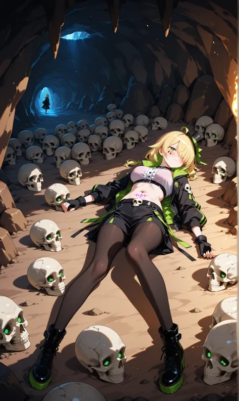  1 girl, Alone, skull_An_Head,  bra visible under clothing ,  tear drop face mark , green her, yellow her, Blush, her over eyes, ahoge, (vertical:1.2( split color _her:1, 3)), lAng her, pAnytail, short pAnytail, green eyes, Breasts,  pantyhose ,  high wais...