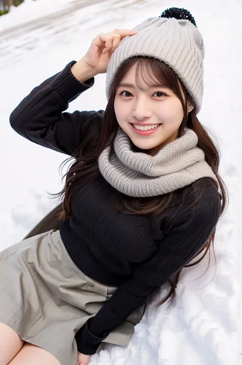 (masterpiece, best quality, perfect anatomy, highres, 8k, realistic, photorealistic, natural skin texture, no makeup:1.2), 1girl, solo, Japanese, female university student, age20, very cute, winter, (very cold day),
 (There is snow on the ground, she is ly...