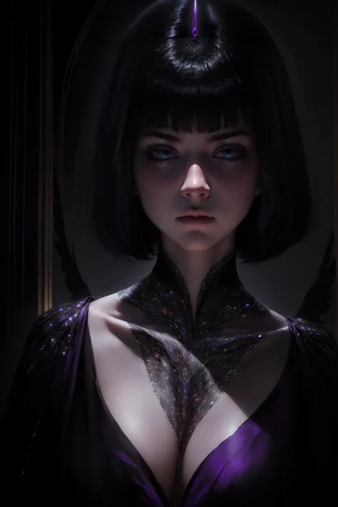 she has short hair, flowing raven-black hair (bangs) and pale, almost ethereal skin. Her eyes are a deep violet, giving her an otherworldly appearance. She dresses in flowing robes of dark purple and black, often adorned with symbols of the occult. close u...