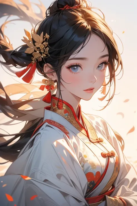  girl,  Ancient Chinese Costume , whole body,  sunshine on stilet, Face is clear,  white background , masterpiece,  super detailed, A magnificent composition, ,  High Quality ,  very detailed ,  Official Art ,  8k wallpaper,  super detailed, 32K