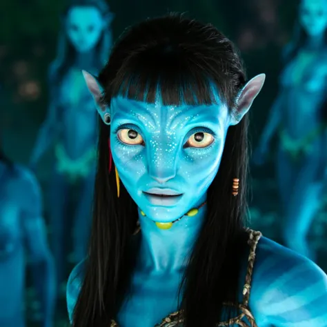 navi, navi race, avatar, pale teal blue skin, dark brown hair, blue eyes, straight hair with bangs, smiling