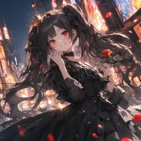 (  masterpiece  ), (   top quality), (    super detailed ),    1 girl,  long hair,  smiles,  black hair,  red eyes,  black ribbon,  twin tails, Small Crown， female  ，Gothic，The petals of many roses dance，Black， Dutch angle ,  poster/magazine illustration e...