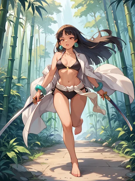 chel from el dorado, black bikini, has a white fur coat, barefoot, belt suit, is running with a katana, in a bamboo forest, on the right side there is a Japanese samurai style house (full body image)