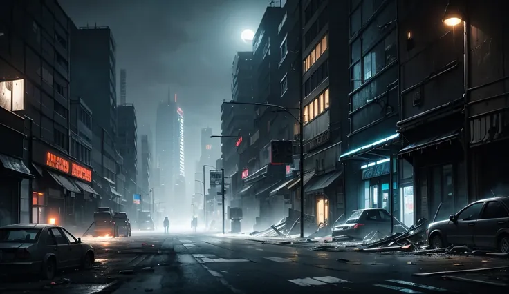 dark futuristic landscape, atmospheric fog, moonlight, futuristic city, Dirty and busy streets with open stores,  garbage on the street, run down buildings , (POST-APOCALYPTIC CITY:1.3) Future style, cyberpunk