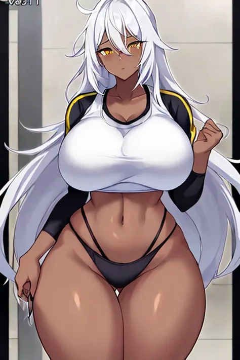 1girl, anime style, 2d, anime screencap, dark skin, black skin, dark-skinned female, white hair, long hair, huge breasts, wide hips, thick thighs, shirt, sportswear, shy, sports bra, screencap, masterpiece, hourglass figure, mature female