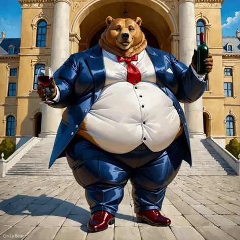 Very Extremely Morbidly-Obese Grizzly Bear with unbelievably Very very very Extremely Massive Overhang white Belly, wears shoes, wears Full tuxedo Suit, Directly looks at you, smiling, beautiful blue eyes, holding wine bottle, royal building background. 