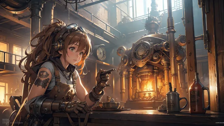 a girl repairing a boiler with steam coming out, steampunk atmosphere, ultra-realistic, hyper-detailed, 16k, masterpiece, best quality, photorealistic, concept art, intricate, cinematic lighting, warm color palette, mechanical gears, industrial setting, ru...