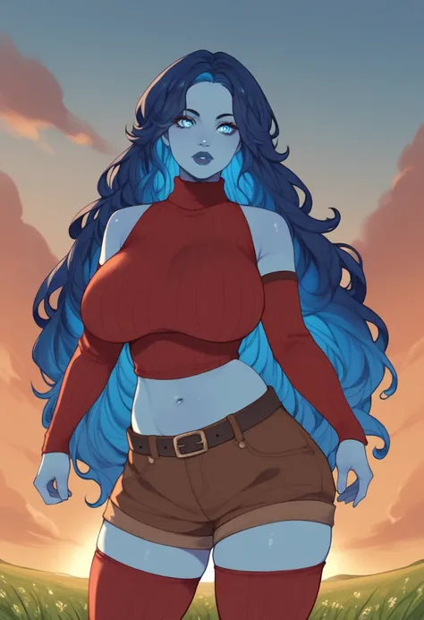 commix style, score_9, score_8_up, score_7_up, 1woman, mature, (blue skin:1.3), detailed blue eyes, large round eyes, bright eyes, (long dark blue hair:1.4), fiery hair, gradient_hair to light neon blue, (very long hair), blue lipstick, huge breasts, red s...