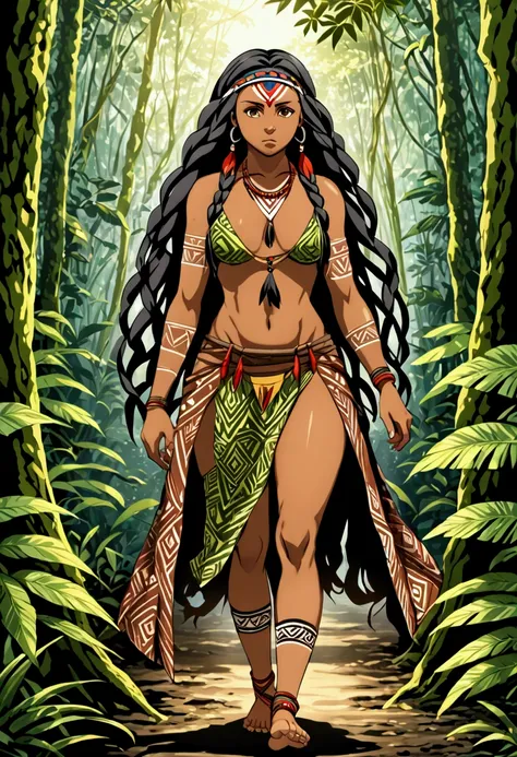 indigenous, dark skin,  long braided hair, Tribal tattoo ,  wild clothes, to hide, Serious look,  walking in the woods, sexy, ecchi, amazon rainforest.