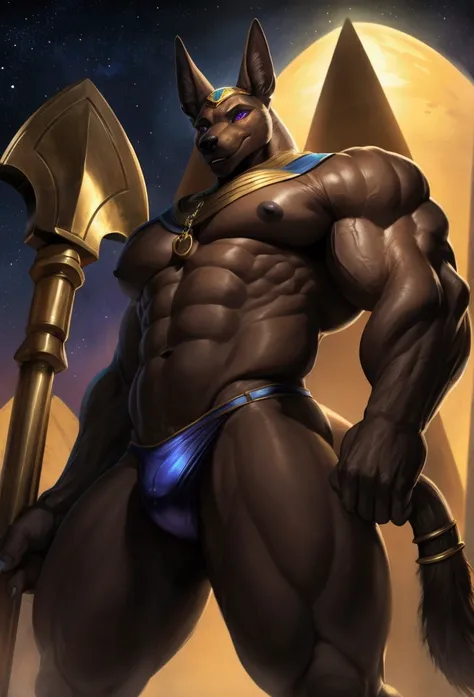 Alone, 1 jackal, furry, brown hair, eyes, jackal tail, eyes, 5 fingers,  nails black claws,  clothes of God Anubis , wearing a blue and gold Egyptian thong,  bump , (Nasus lol ), bodybuilder,  detailed muscles ,  defined muscles ,  very thick muscles,  def...