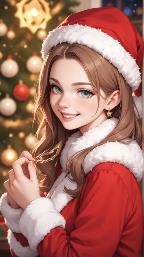 Image is a portrait-style photograph featuring a young woman with fair skin and long, straight brown hair. She is wearing a festive red velvet Santa outfit with white fur trim on the cuffs and neckline, along with a matching Santa hat. Her facial features ...