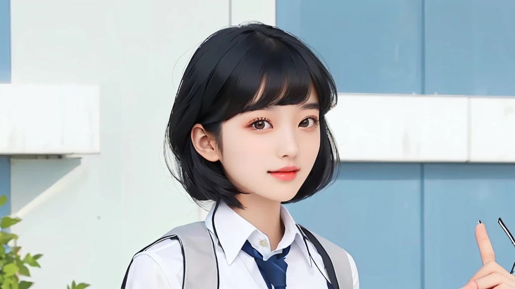 Beautiful girl with black hair in school uniform