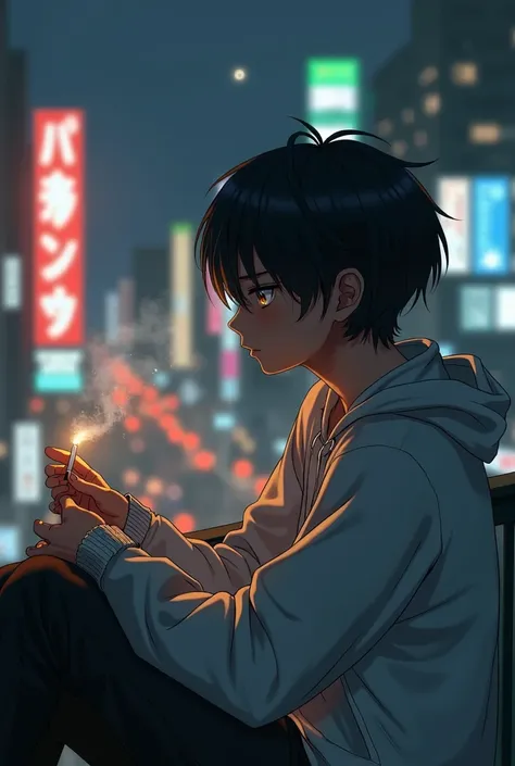 black haired boy smoking a cigarette, sitting, city, balcony, night, close up, loose fitting clothes, white cardigan 