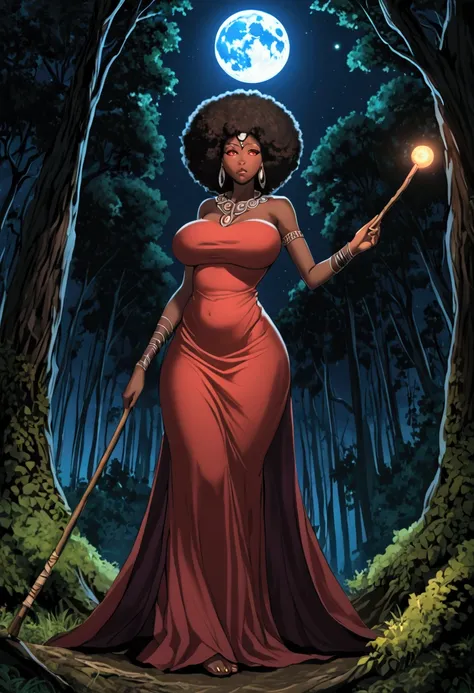 African Witch, dark skin, tribl tattos, long dress, red eyes, magical stick, forest, full moon night, big boobs, ecchi, afro witch girl.