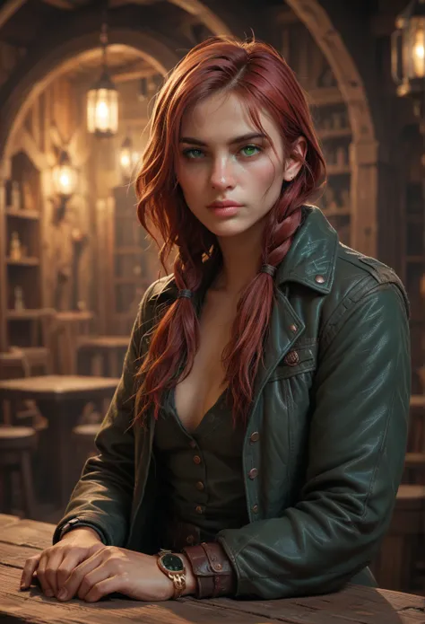 in a fantasy world, a shady tavern, a half elven woman with red long free mane and green eyes and thick chin and tick nose dressed in a low cut trouser and small high jacket is leaning on a table while orcs watch