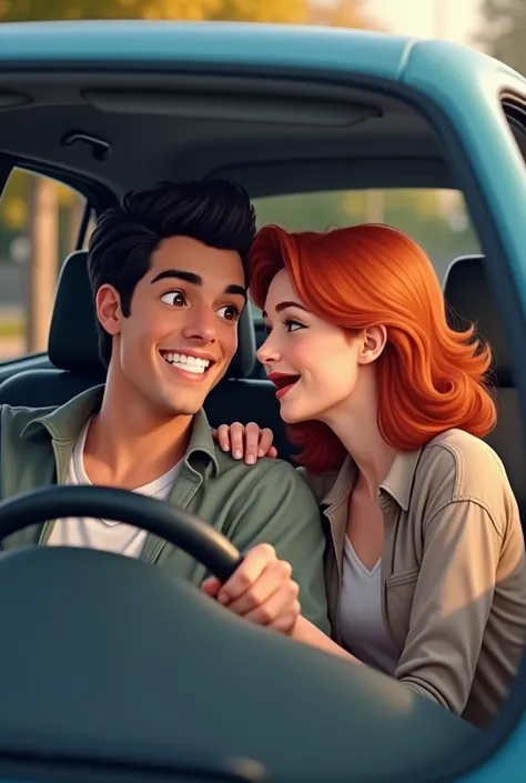 A happy couple in the car man without beard with dark hair and woman with red hair