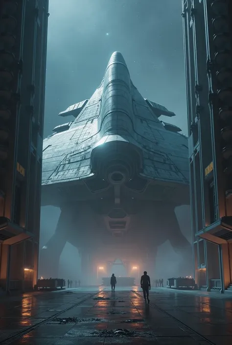 (((landscape))), (((realistic))), (4K HD) (((incredible giant futuristic spaceship in a space station courtyard at night))), ((detailed)), ((mist))