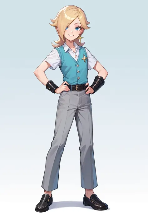 Rosalyn Williams, white collared shirt, dark blue vest, black braclets, black belt, gray pants, black shoes, white short sleeves, blue eyes, eye lashes, short blonde hair, smile, hands on hips, full body