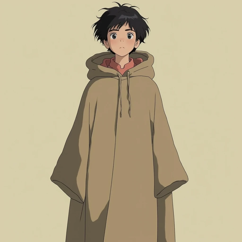 "A minimalist anime-style illustration focusing on a lone character with clean, simple linework and soft, grainy textures. The character is a young wanderer, dressed in a plain, oversized cloak in muted tones of beige and olive, with minimal detail beyond ...