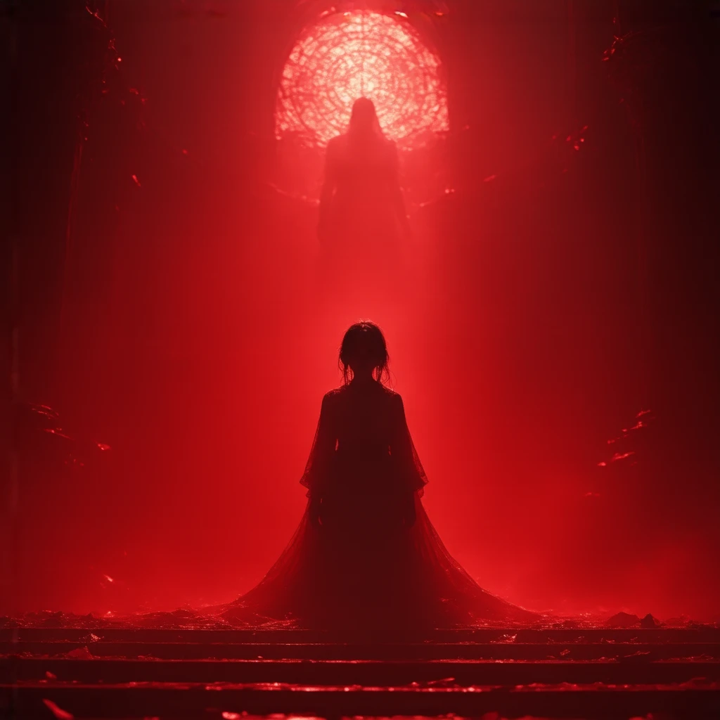 The scene in the same chapel, but a powerful feminine voice emerges from a red light surrounding the young girl on the floor, with the phrase “Don’t touch my girl!” echoing through the space.