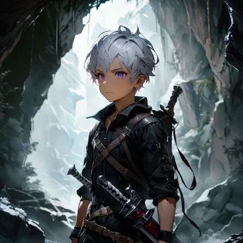  a short-haired boy with silver hair and purple eyes， wearing a black adventurer suit ，Holding a pair of swords ， in a dark cave ，Cold，8k Octagonal Rendering,  High Resolution , masterpiece,  Best Quality ,  Ultra HD, 