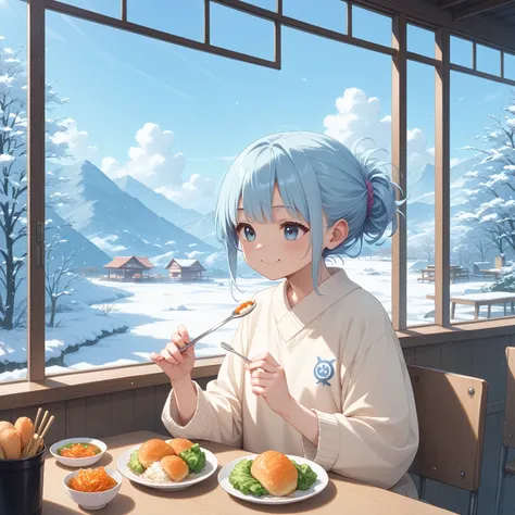   long light blue hair、 hairstyle twin-tailed girl holding a spoon in her hand、 eating curry and rice , Bright restaurant、  Snowy landscape outside the window  、Delicious Smile 、  anime food,  Anime Girl Auto   ,  anime moe art style , 