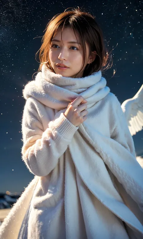 (    When she casts a spell , A legendary ice bird appears around the sky、 Magic Rim 、staring at something、diamond dust flutters、クリーム色のhair、   Heavy snowfall area      、   Snow is falling   、    blue eyes、    blue eyes、white winter clothes    、  gazing up ...