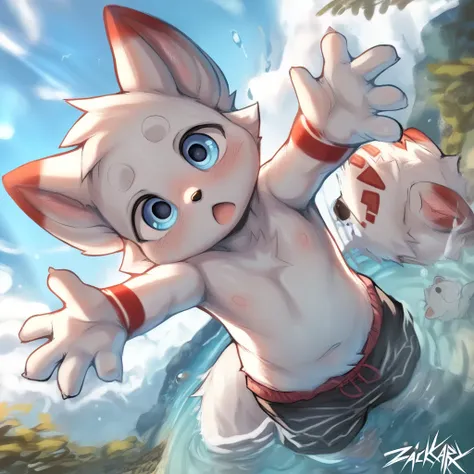 masterpiece, best quality, high quality, very aesthetic, (detailed background:1.2),  (dynamic angle:1.2),  ((cub, shota, furry, young, 2024, absurd_res, 4k,masterpiece,newest)), male focus, (very young fox with white fur with red accents on the ears, tail,...