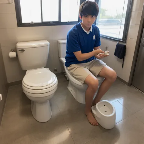 High school boy sitting on toilet　1 person