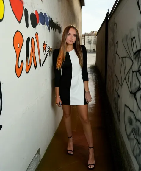 il y a une femme debout devant un mur avec des graffitis, photo de profil,  tenue blanche, image de profil, par Emma Andijewska, tenue très sexy, style de julia razumova, habillé tout en blanc, femme mignonne, Elle porte une robe blanche, inspiré par Ion A...