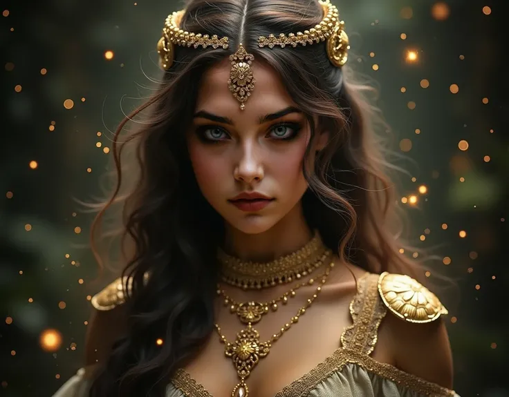  The image shows a woman with dark and long hair ,  with a serious and intense expression .  She is wearing gold jewelry and a shiny dress ,  with a dark background filled with lights and shimmering particles ,  creating a magical and mystical effect .  Th...