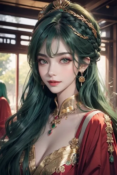 (    top quality :1.2),         cock 1 man   (( green hair:1.2))、  realistic       :1.37, fantasy, Illustration,      green eyes、       queen       ,        Red Dress      .Platinum decoration、beautiful、((beautiful目)).       eyeshadow red       、       thi...