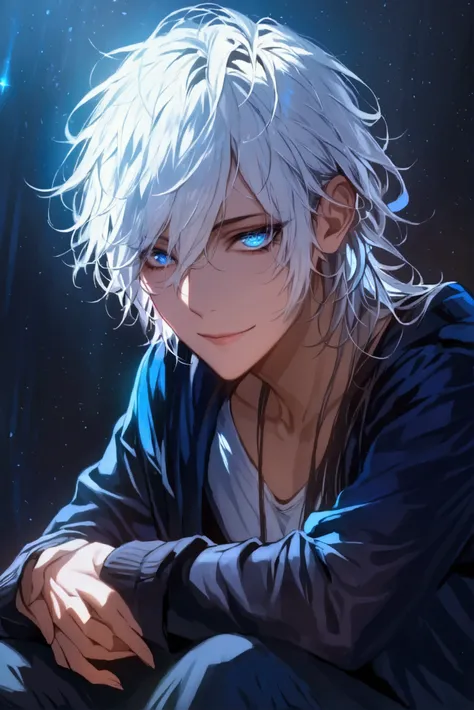 (solo), (1 Female), (1 woman), (chibi),handsome men, (one man with white hair black dark blue inner hair color, blue eyes), long hair, messy hair,smile,((masterpiece)), (dark background: 1.3), (stylish), dynamic angle, (detailed face, detailed eyes, propor...