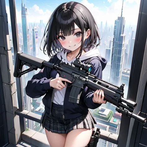 1 high school girl、(black eyes:1.5),(evil smile:1.5)、(blush:1.5),((black short hair :1.5))、(very long sidelocks:1.5),(holding one automatic rifle with both hands:1.5)、(point the gun at view:1.5),( small breasts:1.1)、( hoodie:1.5), (black plaid mini skirt:1...