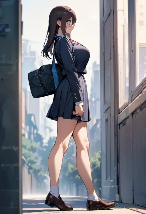 ( masterpiece , top quality:1.2),  1 girl, Alone,  Expressive Eyes , Walking with a student bag on his shoulder ,  straight hair,  dark hair twintails, Round Glasses, ((( perfect face girl ))),  Big Breasts High School Girl, uniform , smile, ( from the sid...