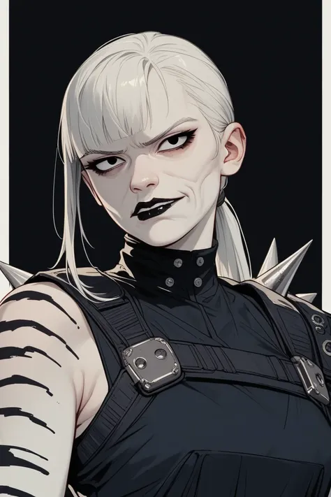 (score_9, score_8_up), score_7_up, zPDXL, Asian, thick, Straight bangs, White ponytail hair, pale white skin, black lipstick, Completely black eyes, synthetic body, ninjatech, techwear, spikes on the shoulder, intimidating pose, sarcastic smile , black sho...